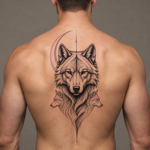 May include: A detailed black and white tattoo design of a wolf's head with a crescent moon and two additional wolf profiles below. The tattoo is centered on the back, showcasing intricate linework and shading.