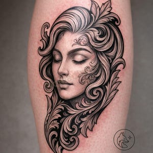 Puede incluir: Diseño de tatuaje detallado en blanco y negro que presenta el rostro de una mujer con los ojos cerrados, rodeado de intrincados patrones florales y arremolinados. El tatuaje está en una pierna, con un logotipo de zorro en la esquina inferior derecha.