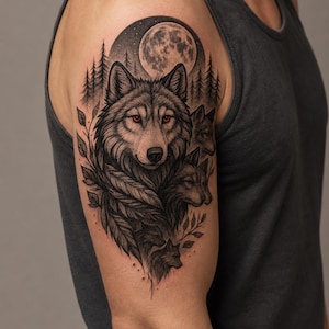 May include: A detailed black and gray wolf tattoo design on an arm. The tattoo features a large wolf with red eyes, a full moon, and a forest background. The design includes other wolves and foliage.