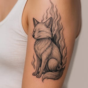 May include: A detailed tattoo of a fox with closed eyes, seated and surrounded by stylized flames. The fox is rendered in shades of gray, with intricate linework defining its fur and features. The flames are also gray, creating a cohesive design.