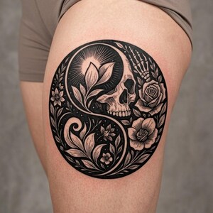 May include: Black and white tattoo design featuring a yin-yang symbol. One side depicts a skull, the other side features floral elements like roses and leaves. The design is on a person's thigh.