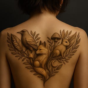 May include: A detailed tattoo design on a person's back features a bird, fox, and rabbit surrounded by leaves, mushrooms, and a crescent moon. The artwork is rendered in shades of brown and tan, creating a natural, earthy aesthetic.