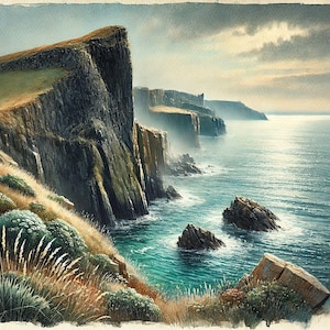 Cliffside Seascape – Coastal Landscape Art Print | A3 Watercolour-Inspired Ocean View | Rugged Shoreline & Sea Cliff Wall Décor