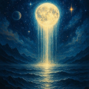 Impresión artística de cascada celestial surrealista / Pintura de luz de luna de ensueño A3 / Arte de fantasía oceánica cósmica / Cielo nocturno místico