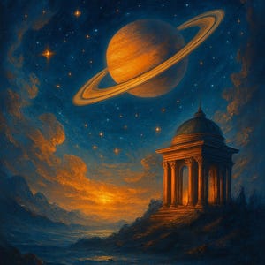 Paesaggio onirico del tempio di Saturno / Stampa artistica fantasy celeste / Arte murale cosmica surreale A3 / Pittura mistica di pianeti e templi / Cielo notturno stellato