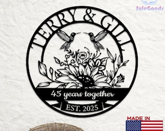 Personalized 45th Anniversary Couple Hummingbird & Sunflower Metal Sign, Custom Est Year ＆ Name Home Decor, Romantic Anniversary Keepsake