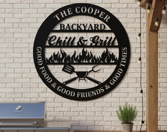 Personalized Backyard Chill & Grill Metal Sign, Custom Family BBQ Wall Decor, Custom Outdoor Patio Metal Wall Art, Father‘s Day Gift