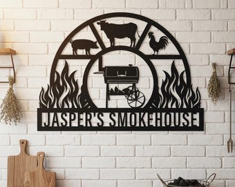 Personalized Smokehouse Metal Wall Sign, Custom BBQ Grill Wall Decor, Outdoor Patio Grill Station Metal Art, Father's Day Gift