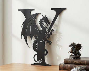Personalized Fantasy Dragon Monogram Metal Sign, Custom Dragon-Themed Initial Art with Dragon Motif, Out/Indoor Gift for Dragon Enthusiast
