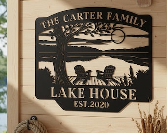 Personalized Adirondack Chairs & Lake Scene Metal Sign, Custom Family Name Lake House Wall Decor, Rustic Cabin Wall Decor, Outdoor Patio Art