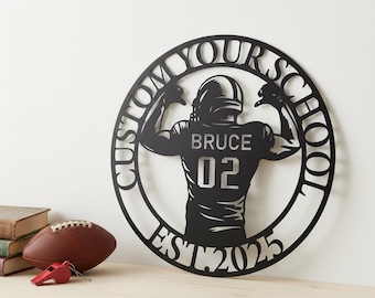 Custom Football Player Silhouette Metal Sign, Custom Name ＆ School & EST Year Decor, Football Enthusiast Keepsake, Football Loving Fans Gift