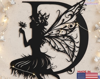 Personalized Fantasy Fairy Monogram Metal Sign, Custom Fairy-Themed Initial Art with Floral, Out/Indoor Gift for Fairy Enthusiast/Home Decor