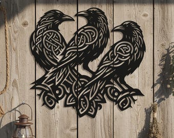 Norse Triple Raven Metal Wall Sign, Celtic Knot Crow Viking Decor, Huginn Muninn Raven Metal Art, Nordic Mythology Raven Wall Decor