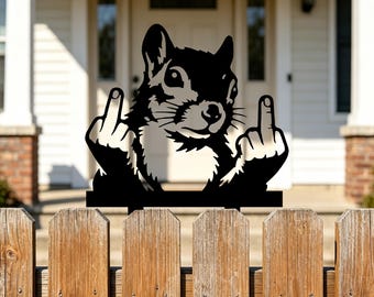 Funny Middle Finger Squirrel Fence Topper, Metal Squirrel Yard Art Decor, Outdoor Garden Fence Ornament, Cheeky Squirrel Lawn Decor