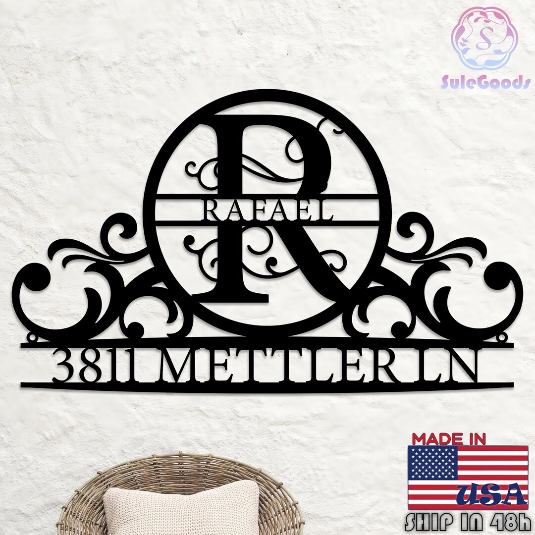 Personalized Monogram Metal Sign, Custom Family Name & Address Initial ...