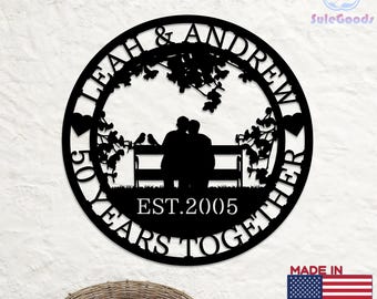 Personalized 50th Anniversary Couple Silhouette Metal Sign, Custom Year&Name Decor, Golden Wedding Keepsake, Romantic Anniversary Home Decor