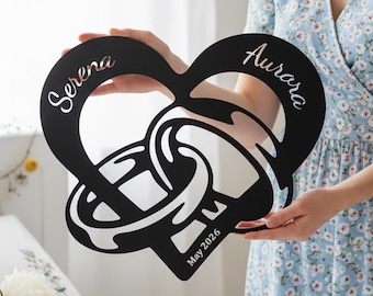 Custom Couple Name Wedding Rings Heart Wall Sign, Personalized Infinity Love Wall Decor, Custom Wedding Date Art, Anniversary Gift