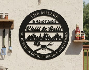 Personalized Backyard Chill & Grill Metal Sign, Custom Family BBQ Wall Decor, Outdoor Patio Grill Station Art,  Father‘s Day Gift