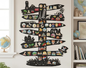 May include: A black wooden wall display shaped like a multi-directional signpost, featuring numerous colorful enamel pins attached to its horizontal planks. The pins depict various travel landmarks, cartoon characters, and symbols across the structure.