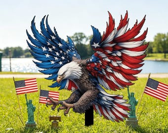 Patriotic 2D Flat American Flag Eagle Metal Garden Stake, Fourth of July Yard Decor, USA Flag Eagle Silhouette Outdoor Sign
