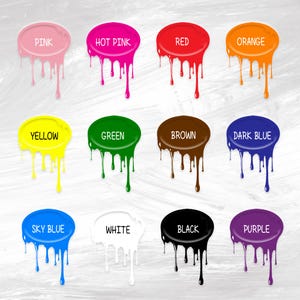 May include: Twelve paint colour swatches, each in a different colour, with the colour name displayed on each swatch. Colours include pink, hot pink, red, orange, yellow, green, brown, dark blue, sky blue, white, black, and purple.