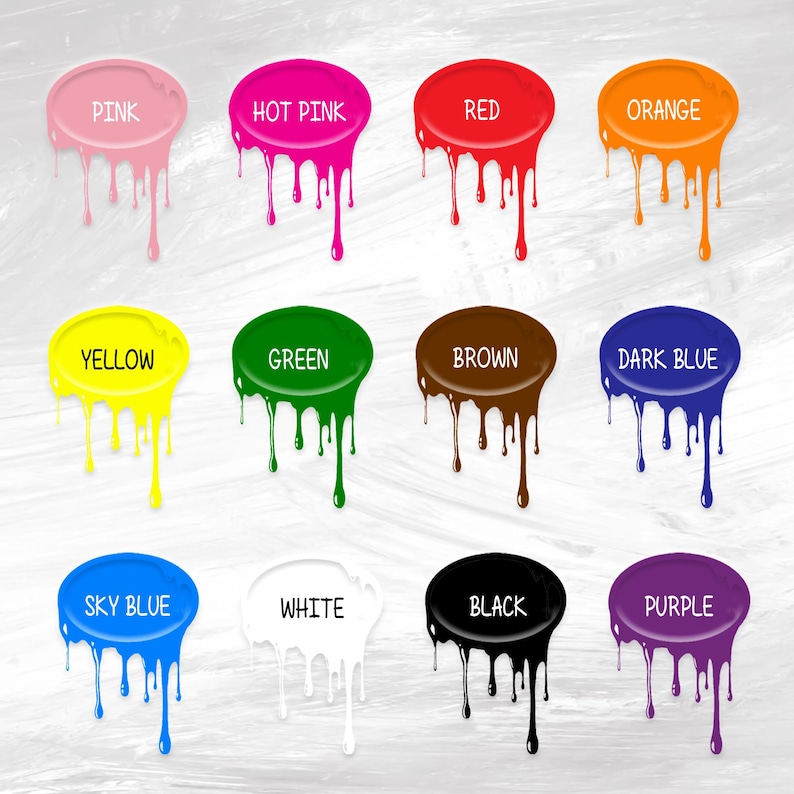 May include: Twelve paint colour swatches, each in a different colour, with the colour name displayed on each swatch. Colours include pink, hot pink, red, orange, yellow, green, brown, dark blue, sky blue, white, black, and purple.