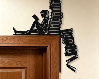 Personalized Book Lover Door Corner Metal Sign, Reading Silhouette Door Frame Decor, Book Stack Nook Accent, Library Classroom Door Sign