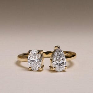 2 Oval and Pear Cut Toi Et Moi Ring | Two Stone Moissanite Engagement Ring | You and Me Ring in 14K Gold | Unique Statement