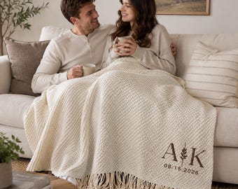 Manta de punto bordada personalizada, manta a medida para parejas, regalo de boda, regalo de aniversario para recién casados, regalo de inauguración de casa.
