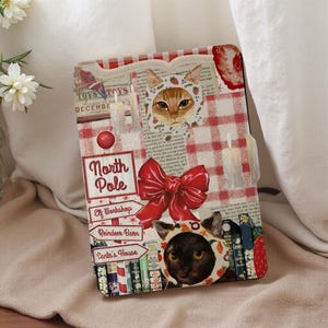 Étui pour Kindle en papier blanc cartonné avec noeud et chat à damier rouge 11e/10e génération | Housse en cuir de qualité supérieure de 6,8 po. | Réveil/veille automatique | Convient aux PW 1/2/3/4 | Meilleur cadeau