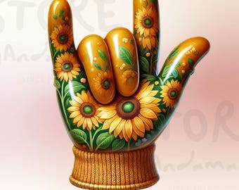 Sunflower Hand Glove I Love You ASL PNG, Sign Language Floral Hand Sign, Sunflower Clipart, Flower Hand Gesture, Gift for Sunflower Lovers