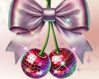 Coquette Cherries PNG, Trendy Disco Cherry PNG, Soft Girl Aesthetic PNG, Cherry Bow, Disco Ball Cherries