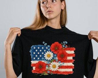 Floral American Flag PNG, 4th of July PNG, America Png, Patriotic PNG Design, Coquette 4th Of July Png, Retro 4th of July Png Designs