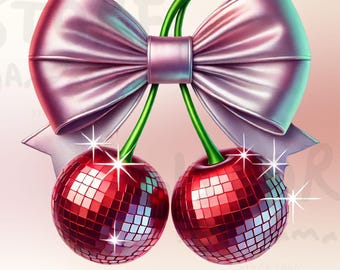Coquette Cherries PNG, Trendy Disco Cherry PNG, Soft Girl Aesthetic PNG, Cherry Bow, Disco Ball Cherries, Coquette aesthetic