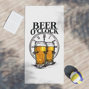Beer o&#39;Clock Summer Beach Towel - Fun Beer Lover&#39;s Sun Lounger Reservation Towel, Pool Day Beer Enthusiast Gift, Lads Holiday Essential,