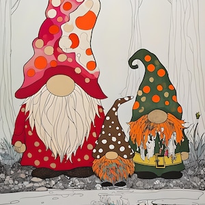 Fantasy Gnome Fine Art instant download, betoverende Noordse folklore poster, magische bosrijke scène decor, grillige Japanse stijl lijntekeningen.