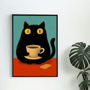 Fine Art Posters, Wide-Eyed Black Cat Cozy Coffee Moment Wall Art, Cat Lover Gift, Coffee Enthusiast Decor, Kitchen Office Wall Decor,