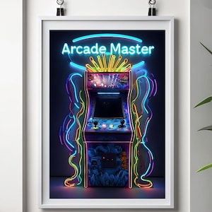 Printable Neon Arcade Master Retro Gaming instant download, Geeky Gamer Gift, Video Game Room Decor, Man Cave poster