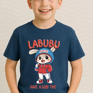 Camiseta para niños Labubu: linda camiseta de conejito de dibujos animados "Diviértete" para niños, camiseta de personaje Kawaii, camiseta gráfica para niños y niñas, regalo.