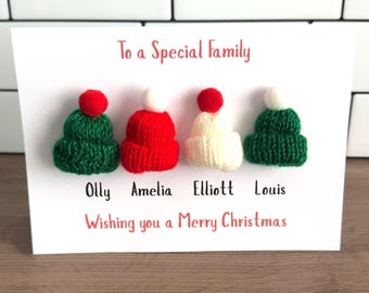 Large Personalised Family Christmas Card with  Cute knitted Winter Hats- add up to 6 names