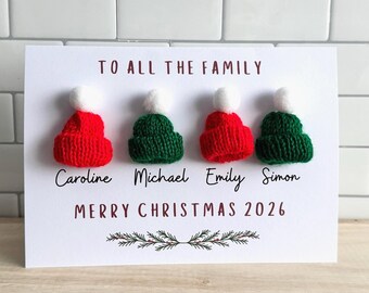 Large Personalised Family Christmas Card – Mini Knitted Hats and Holly design - A5 - add up to 6 names and colour choice