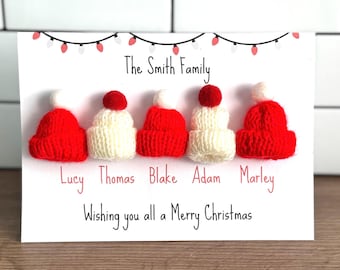 Large personalised family Christmas card - mini knitted hats - add up to 6 names - choose your own colours - football teams
