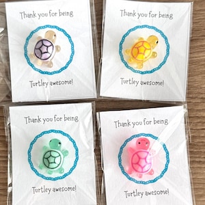 May include: Four small glass turtle figurines in purple, yellow, green, and pink, each attached to a white card with the text Thank you for being and Turtley awesome inside a blue scalloped circle, all individually wrapped in clear plastic.