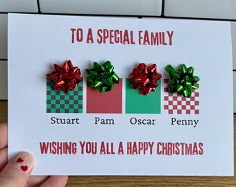 Personalised family name Christmas Card, checkerboard foil gift bow design up to 6 names