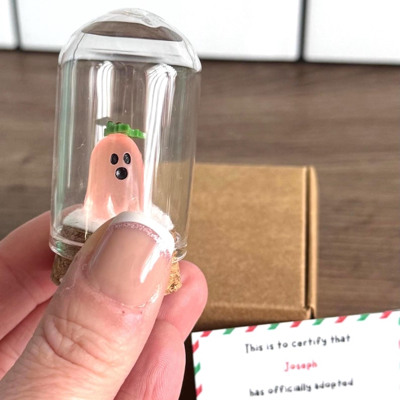Mini pink Christmas ghost figurine named Jingles in a glass dome with snow and gold stars, displayed on a black gift box next to a certificate card that says “Sophie has adopted the Christmas spirit Jingles.” Cute and unique holiday gift, Christmas decor, or stocking stuffer with festive background and pine branch.