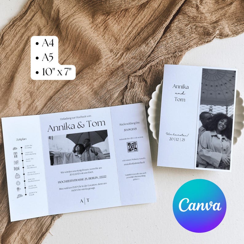 May include: A tri-fold wedding invitation with a black and white photo of a couple under an umbrella. The invitation includes the couple's names, Annika & Tom, the wedding date, 30.09.2025, and the wedding location, HOCHZEITSTRASSE 25, BERLIN, 22222. The invitation also includes a QR code and a timeline of events.