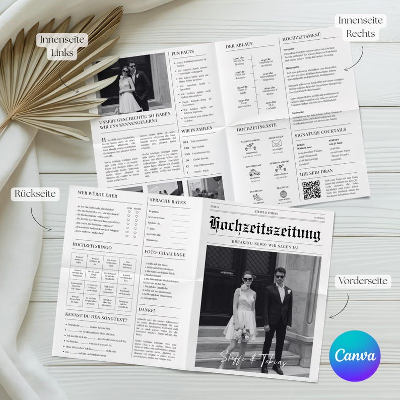 May include: A black and white wedding newspaper with the headline "Hochzeitszeitung" and the text "Breaking News: Wir Sagen Ja". The newspaper includes photos, fun facts, and a wedding menu. The Canva logo is visible.