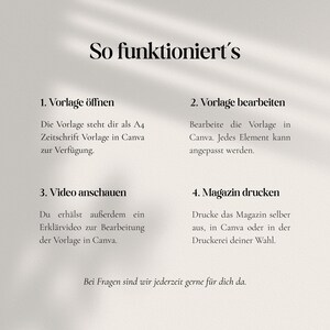 Puede incluir: Gr&aacute;fico beige claro con texto negro. El texto en la parte superior dice "So funktioniert's". Debajo hay cuatro pasos numerados con instrucciones sobre c&oacute;mo usar una plantilla en Canva. La parte inferior del gr&aacute;fico dice "Bei Fragen sind wir jederzeit gerne f&uuml;r dich da."