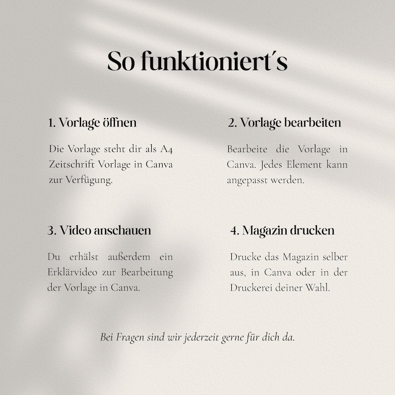 Puede incluir: Gr&aacute;fico beige claro con texto negro. El texto en la parte superior dice "So funktioniert's". Debajo hay cuatro pasos numerados con instrucciones sobre c&oacute;mo usar una plantilla en Canva. La parte inferior del gr&aacute;fico dice "Bei Fragen sind wir jederzeit gerne f&uuml;r dich da."