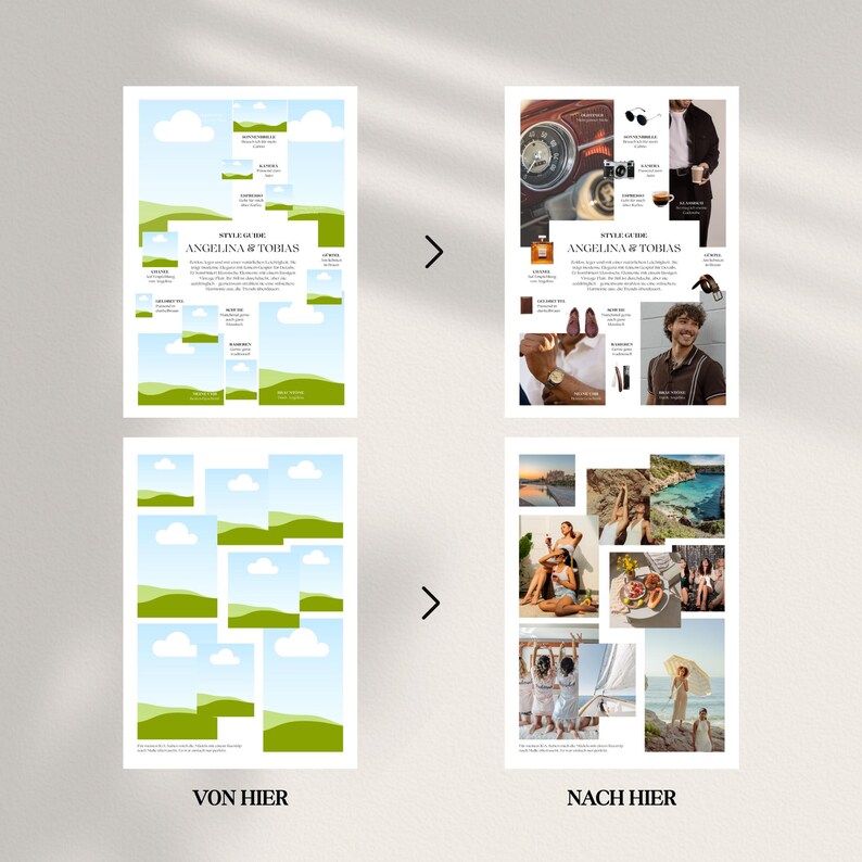 Puede incluir: Un collage de dos partes con un tema de dise&ntilde;o. El collage superior presenta un dise&ntilde;o con im&aacute;genes y texto, incluyendo "STYLE GUIDE" y "ANGELINA & TOBIAS". El collage inferior muestra una serie de marcos de im&aacute;genes en blanco con el texto "VON HIER" y "NACH HIER".